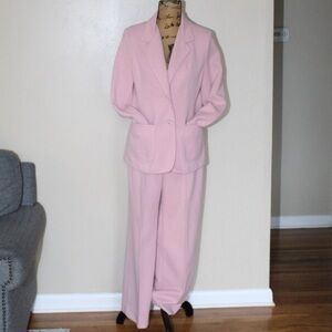 Vtg 60s 70s Dusty Pink Polyester 2 Pc Wide Leg Leisure Pant Suit Blazer Womens M